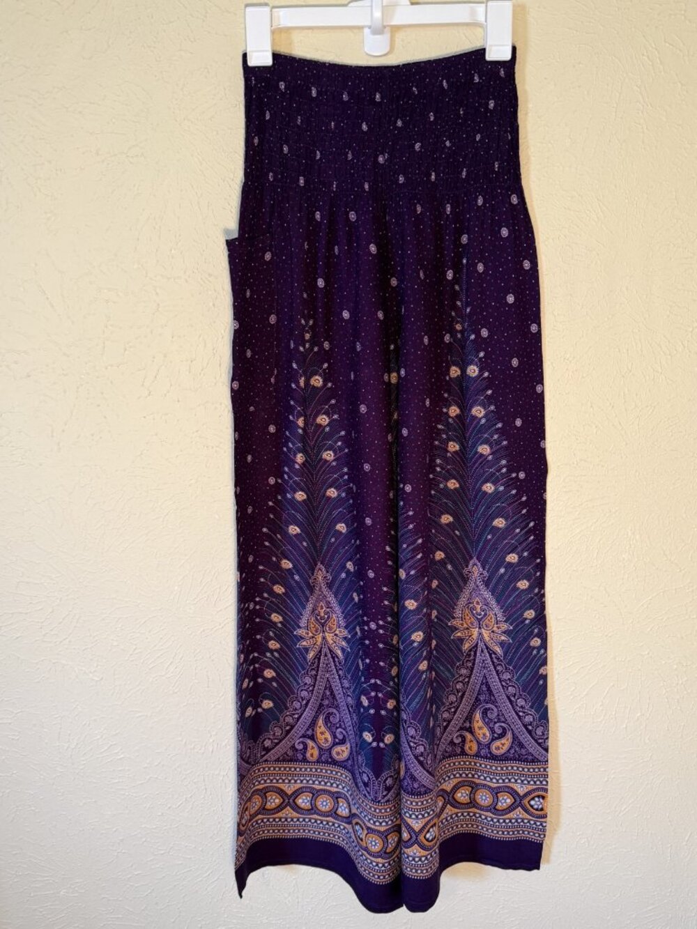 Wide Leg, Flowy High Smocked Waist Purple Oriental Print Pant, Size Large